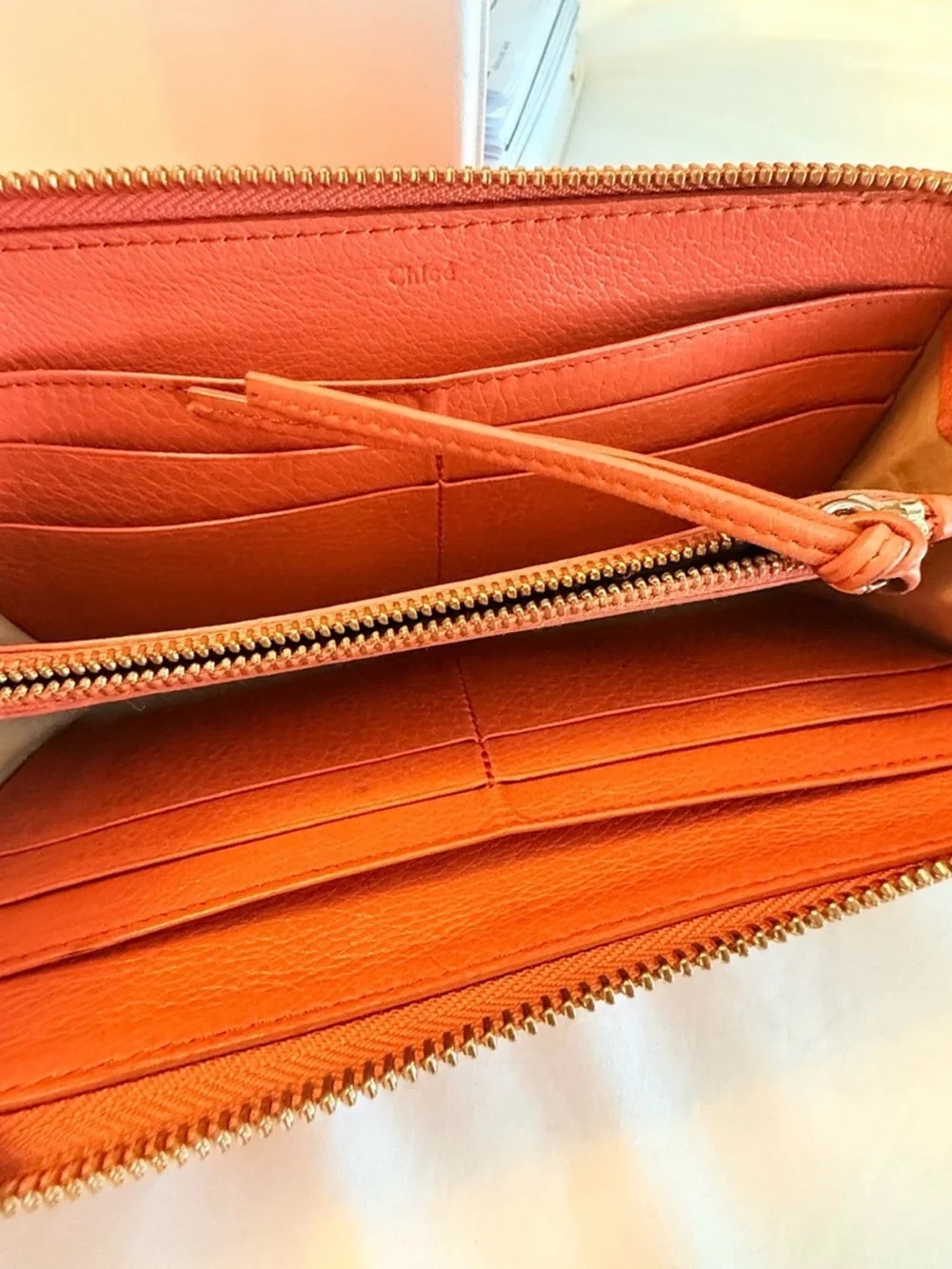 Chloe Coral Pink Leather Zip Clutch Wallet with Silver Bow Accent EUC